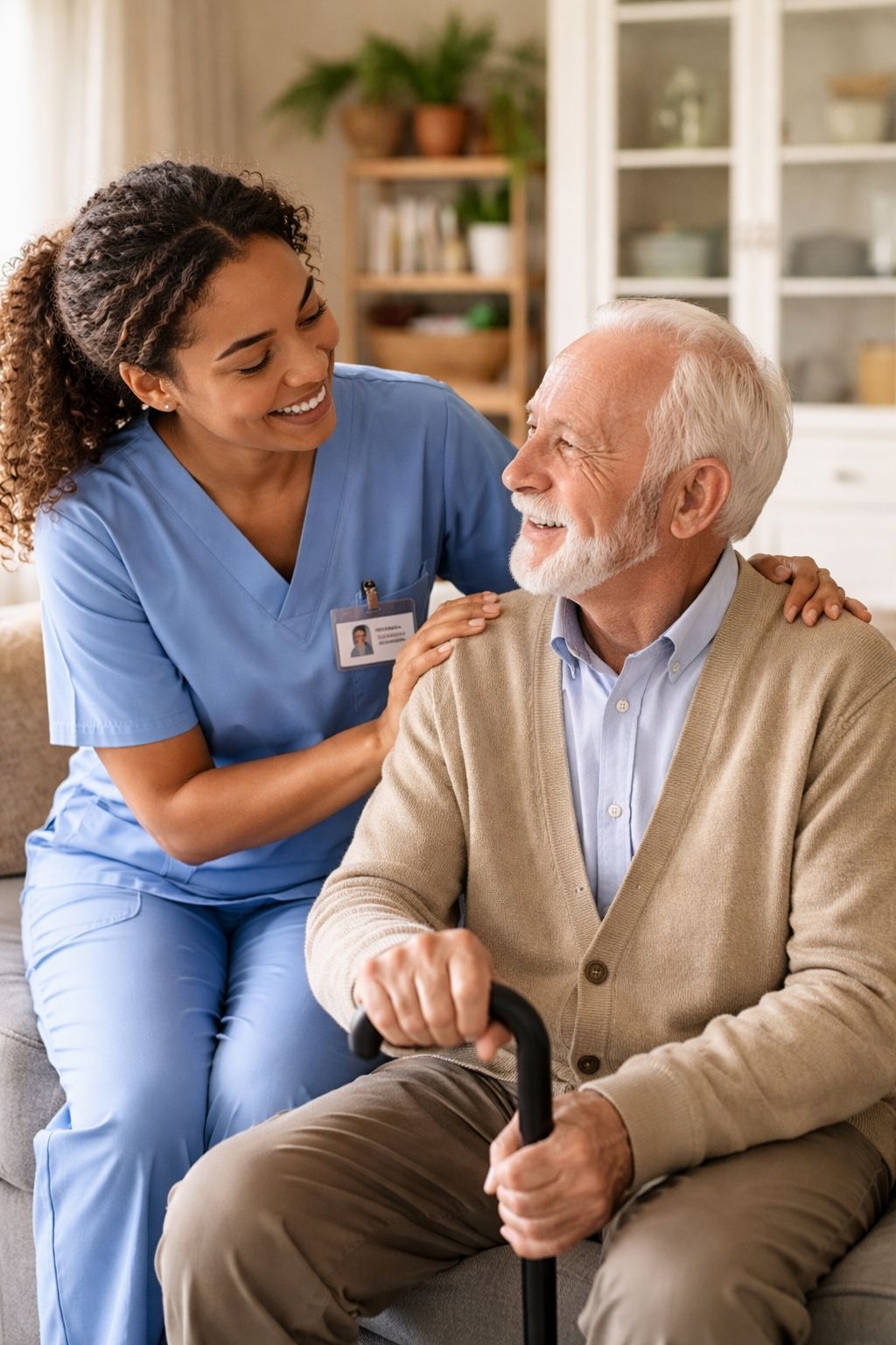 A caregiver supporting an older adult in a wheelchair